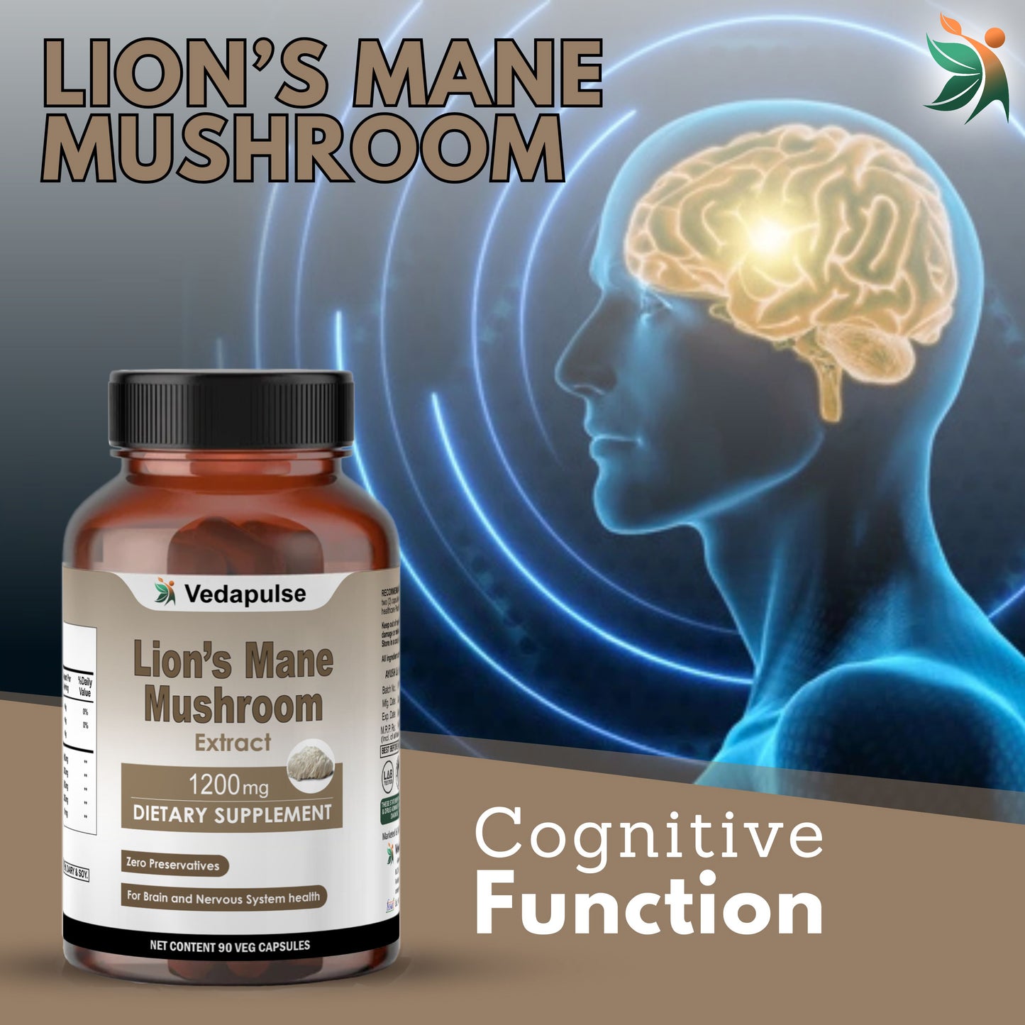 Lion's Mane Mushroom 1200mg Capsules | Vedapulse