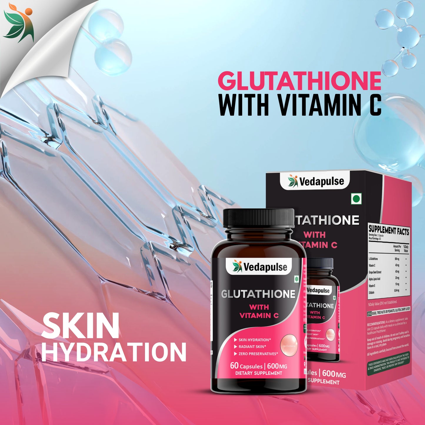 Glutathione with Vitamin C Capsules ā Skin Hydration and Radiance Support | Vedapulse