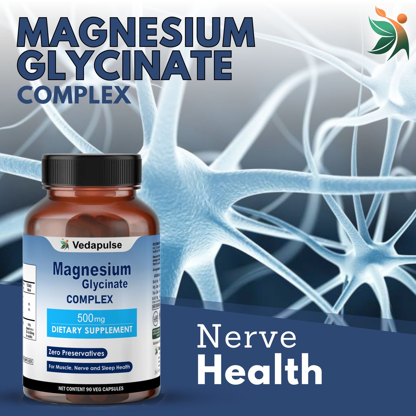 Magnesium Glycinate 500mg | Pure Natural Capsules by Vedapulse