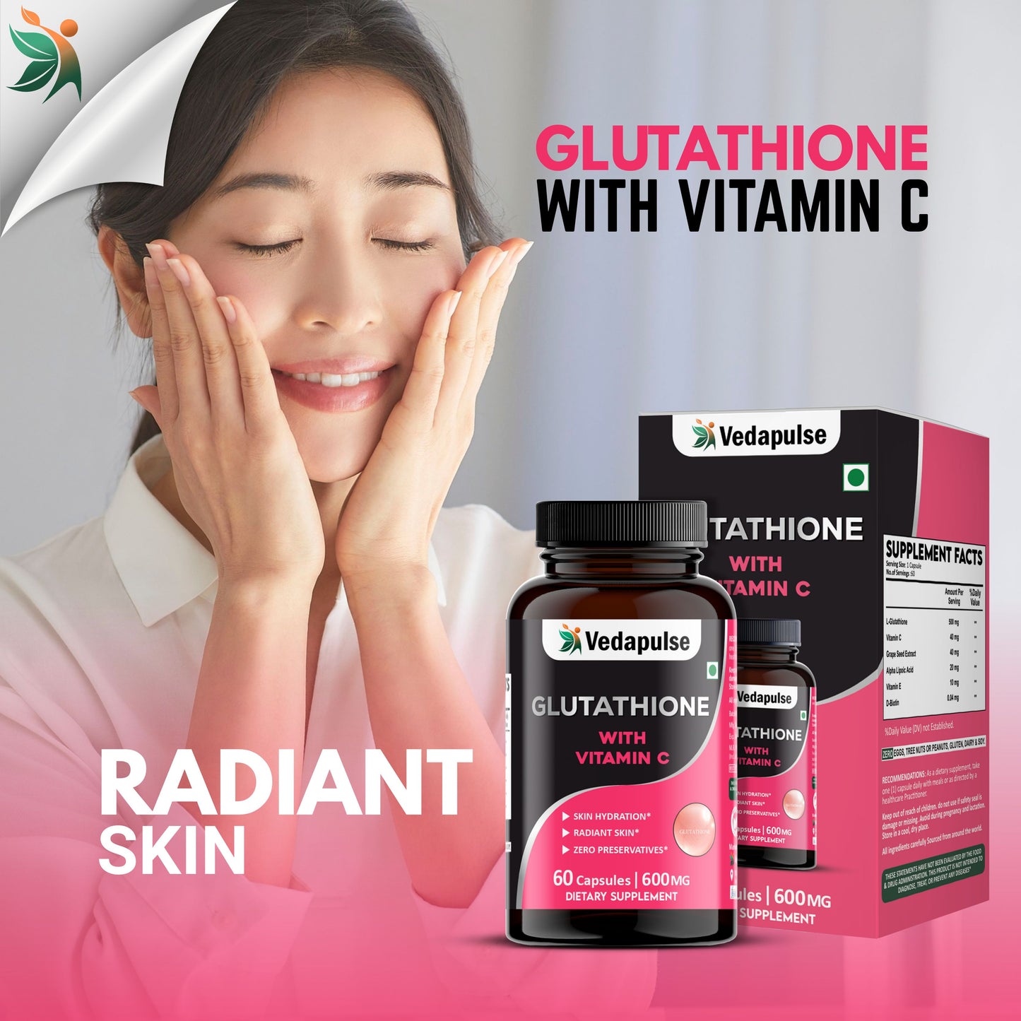 Glutathione with Vitamin C Capsules ā Skin Hydration and Radiance Support | Vedapulse