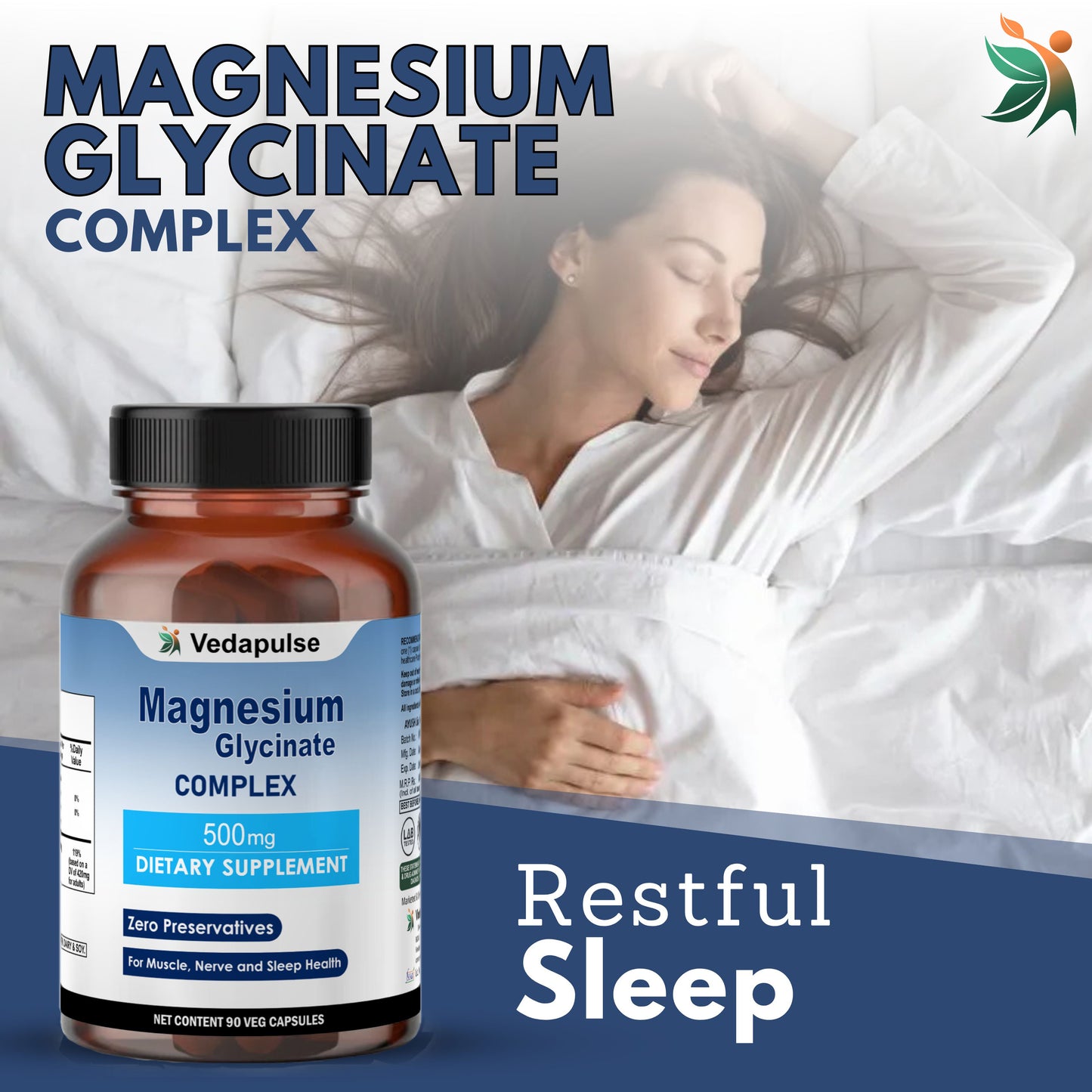 Magnesium Glycinate 500mg | Pure Natural Capsules by Vedapulse