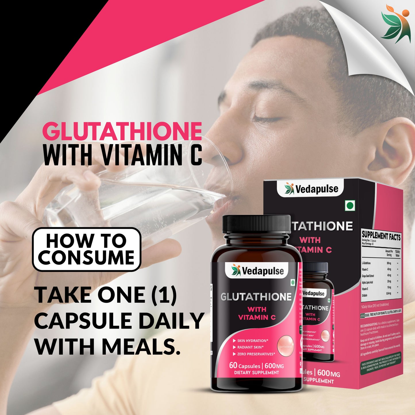 Glutathione with Vitamin C Capsules ā Skin Hydration and Radiance Support | Vedapulse