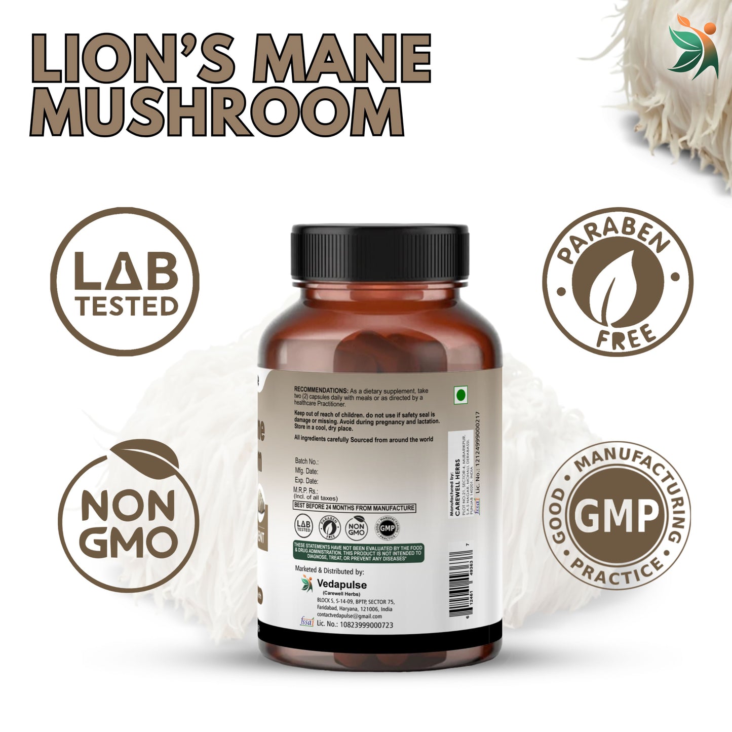 Lion's Mane Mushroom 1200mg Capsules | Vedapulse