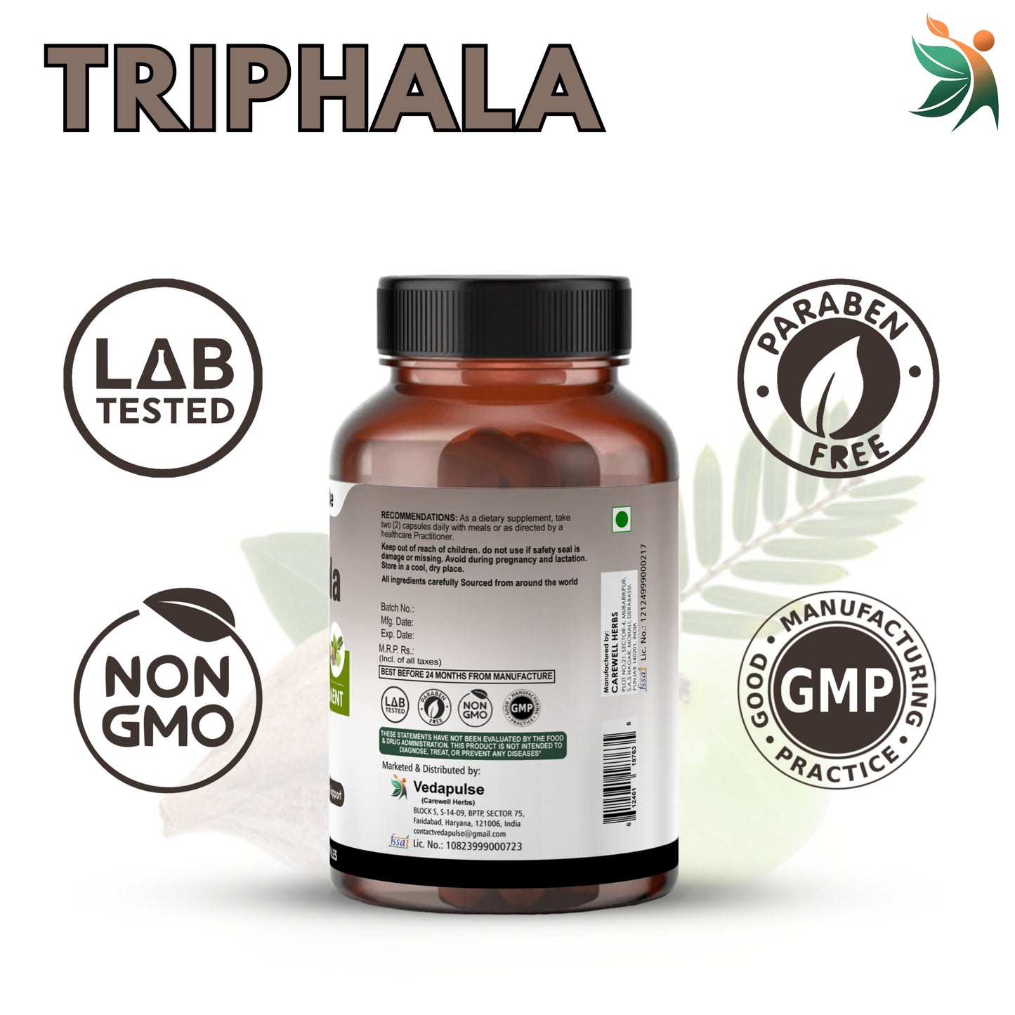Triphala 750 mg Herbal Capsules | Vedapulse