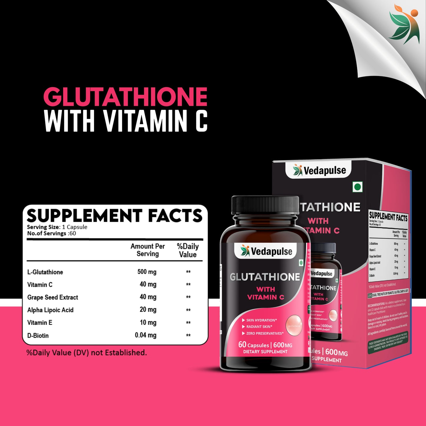 Glutathione with Vitamin C Capsules ā Skin Hydration and Radiance Support | Vedapulse