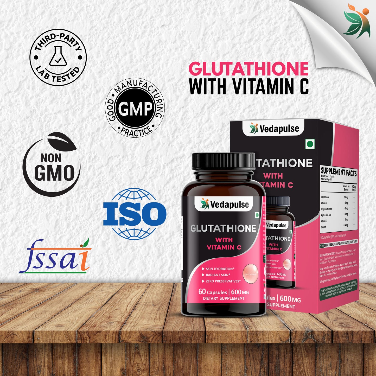 Glutathione with Vitamin C Capsules ā Skin Hydration and Radiance Support | Vedapulse