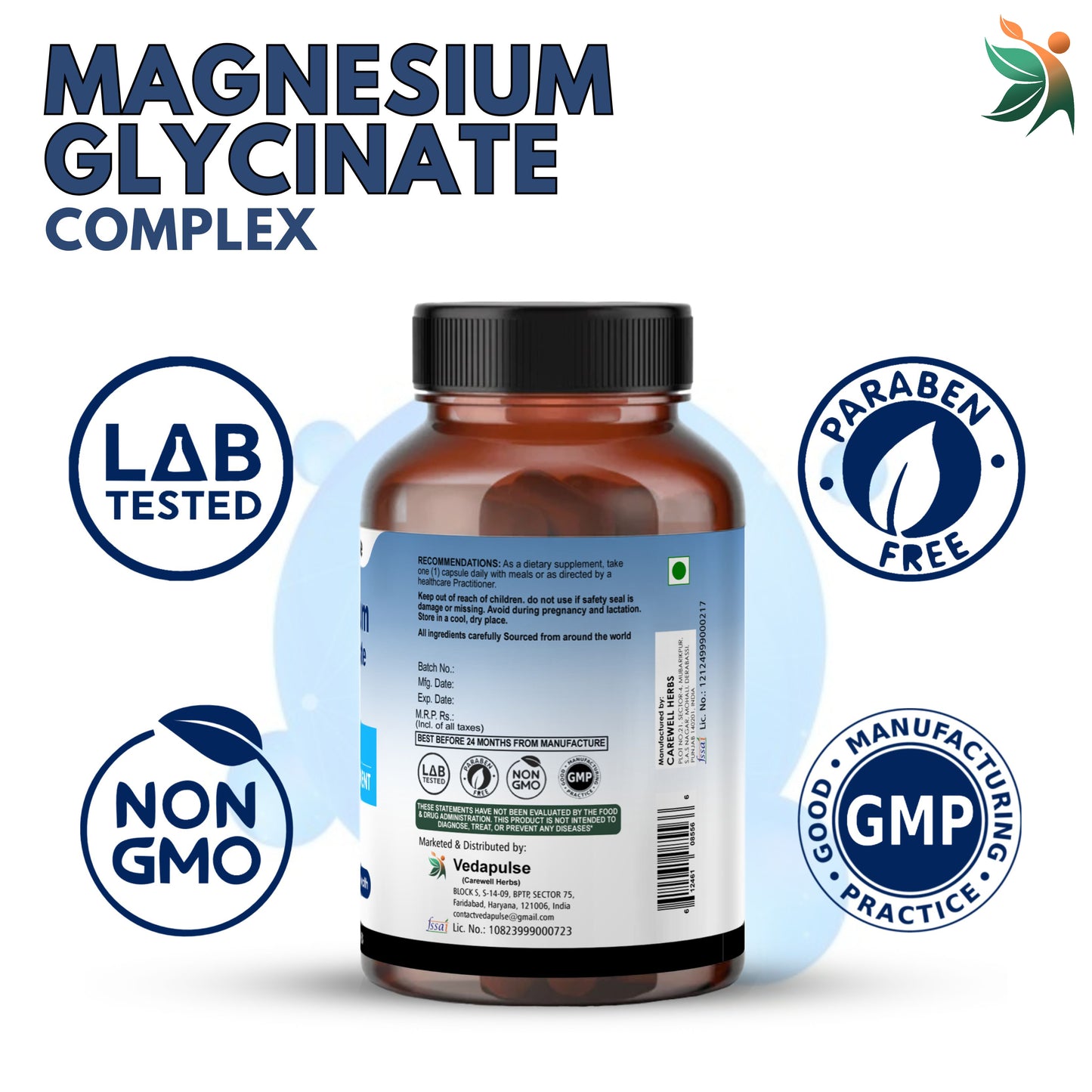 Magnesium Glycinate 500mg | Pure Natural Capsules by Vedapulse