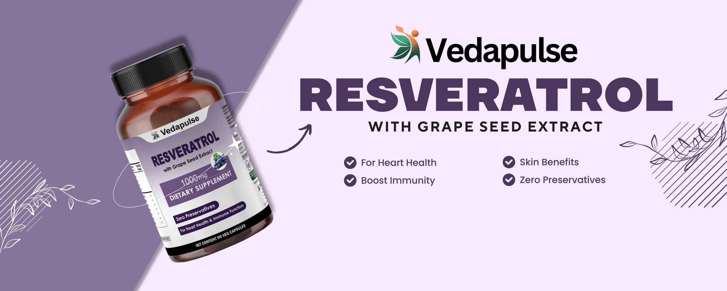 Vedapulse Resveratrol supplement bottle on a purple and white background
