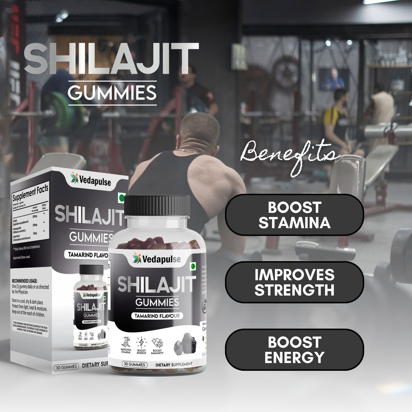 Shilajit Gummies 30 Count with  Ashwagandha and Safed Musli |Tamarind Flavour By Vedapulse for Energy, Strength with Flavour