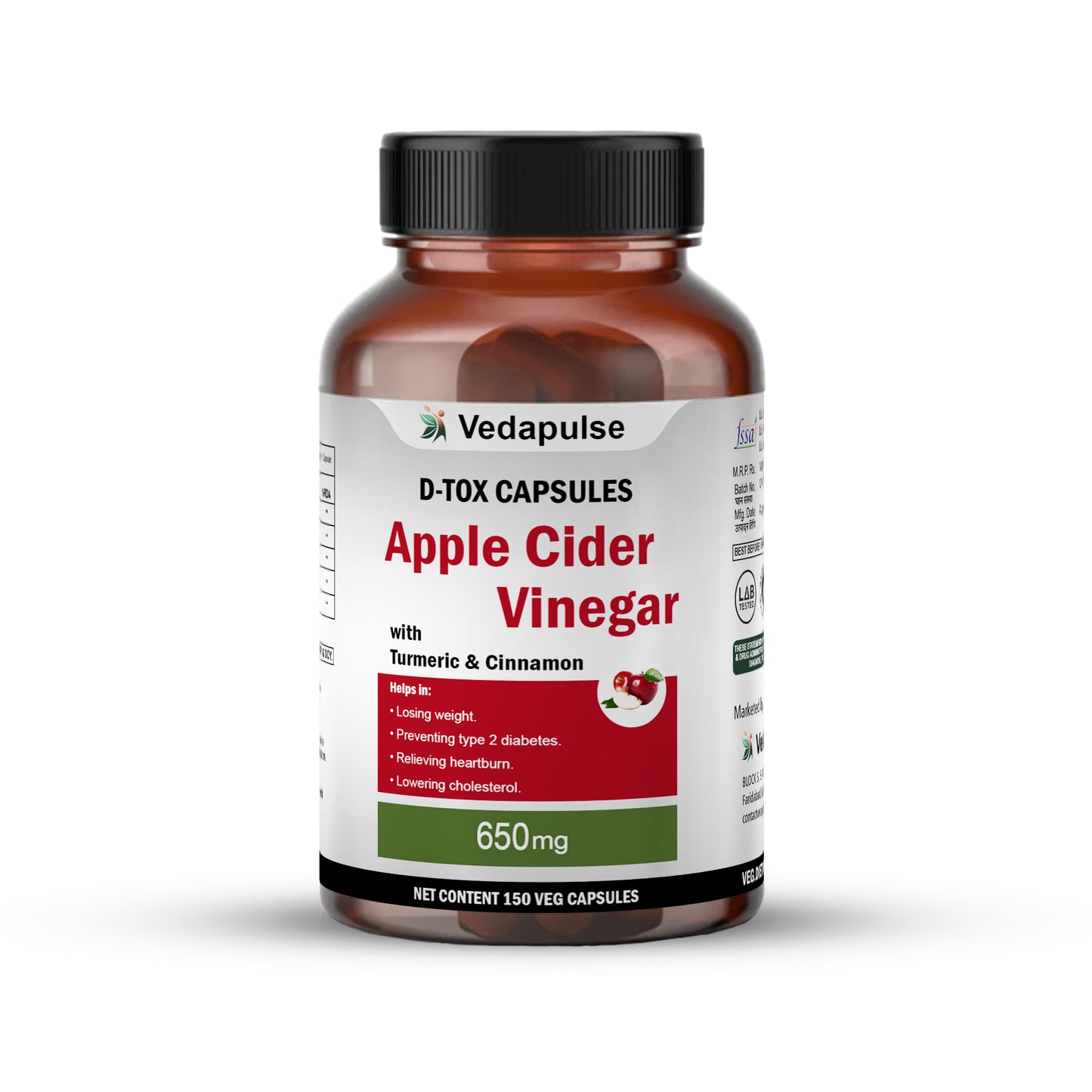 Apple Cider Vinegar 650mg Capsules - Pure & Natural | Vedapulse