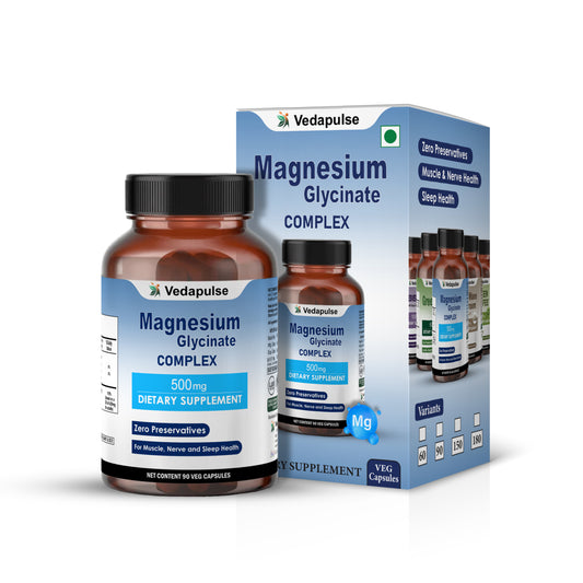 Vedapulse Magnesium Glycinate 500mg Capsules (90 Count) for muscle relaxation, nerve health