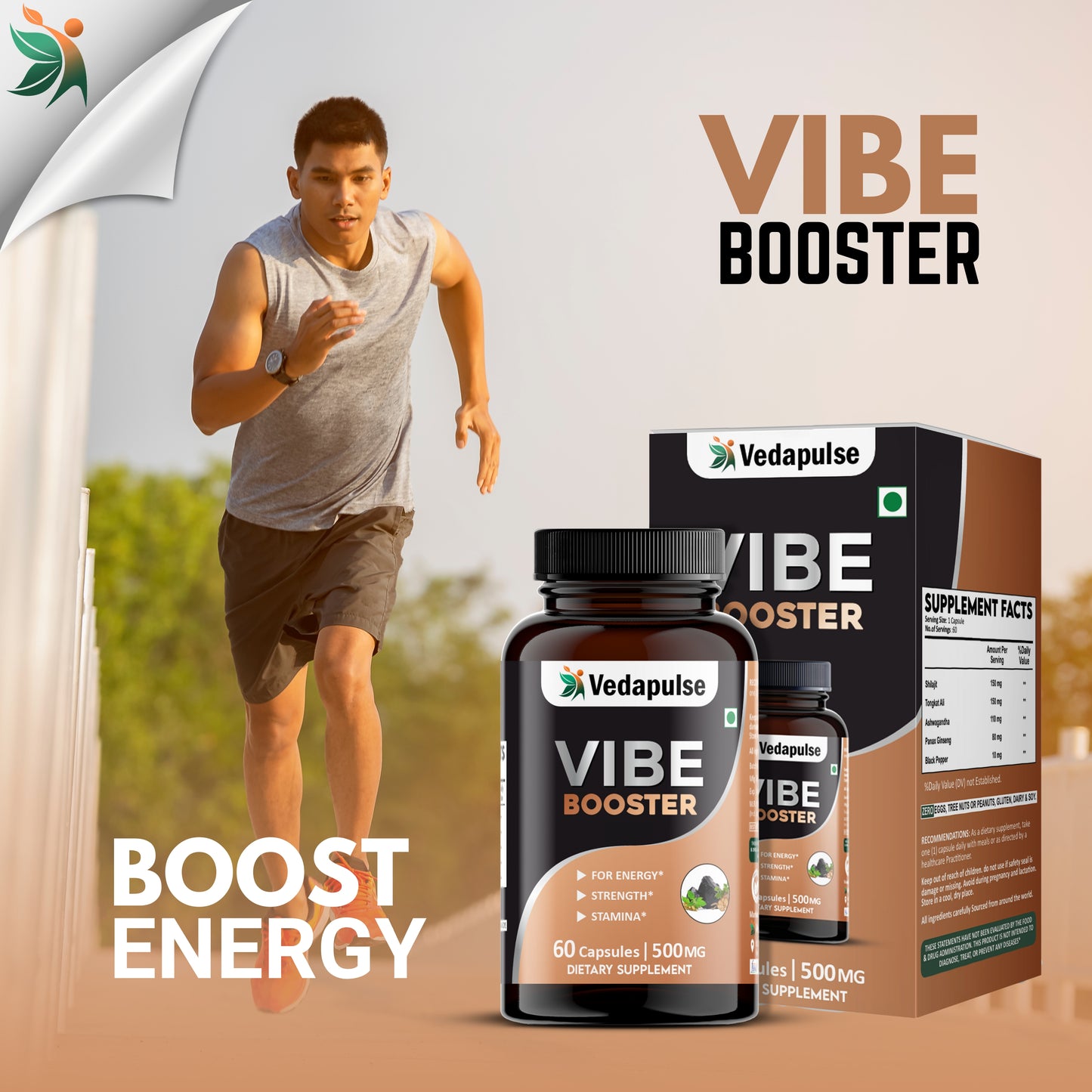 Herb Vibe Booster 60 Capsules | Herbal Energy, Strength & Stamina Support | Shilajit , Tongkat Ali, Ashwagandha| Vedapulse
