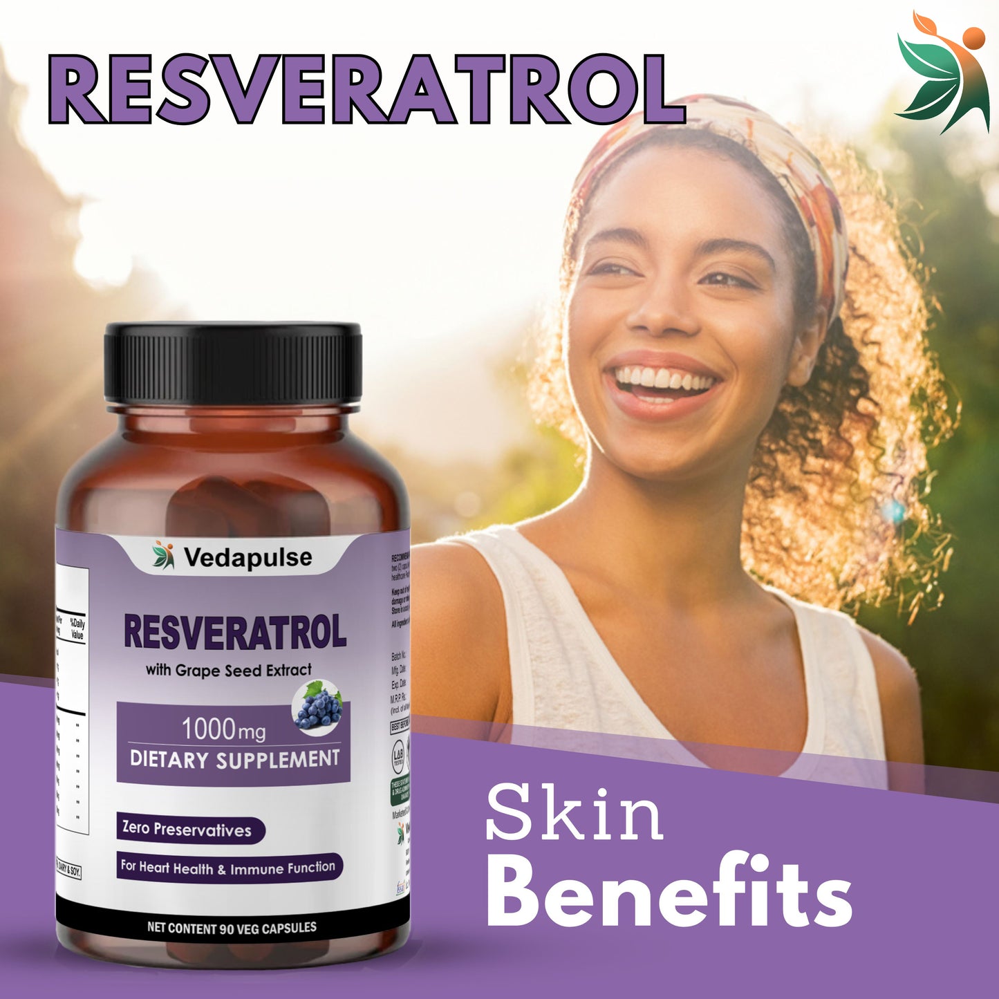 Resveratrol with Grape Seed Extract Capsules | 1000mg | Vedapulse