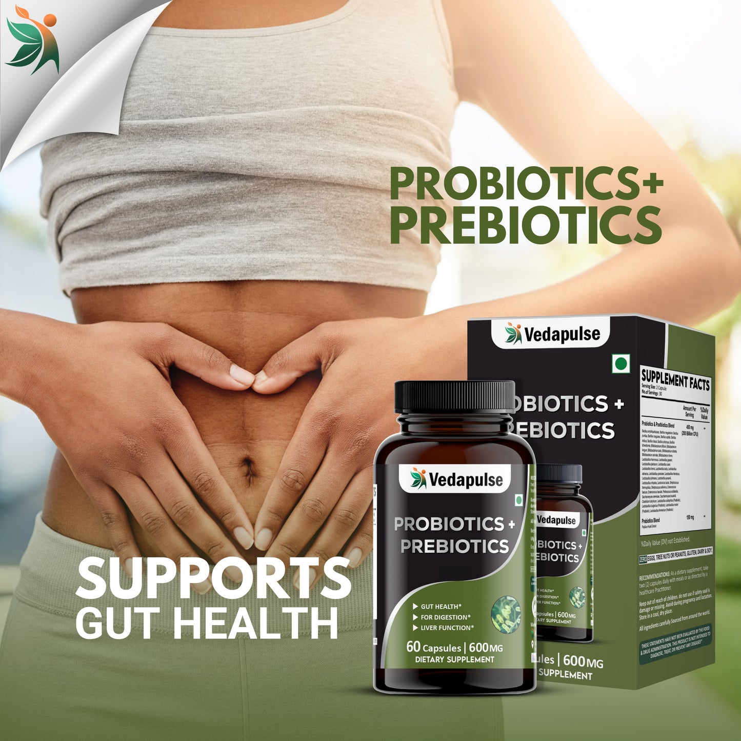 Probiotics + Prebiotics Capsules – Gut, Digestion & Liver Support | Vedapulse