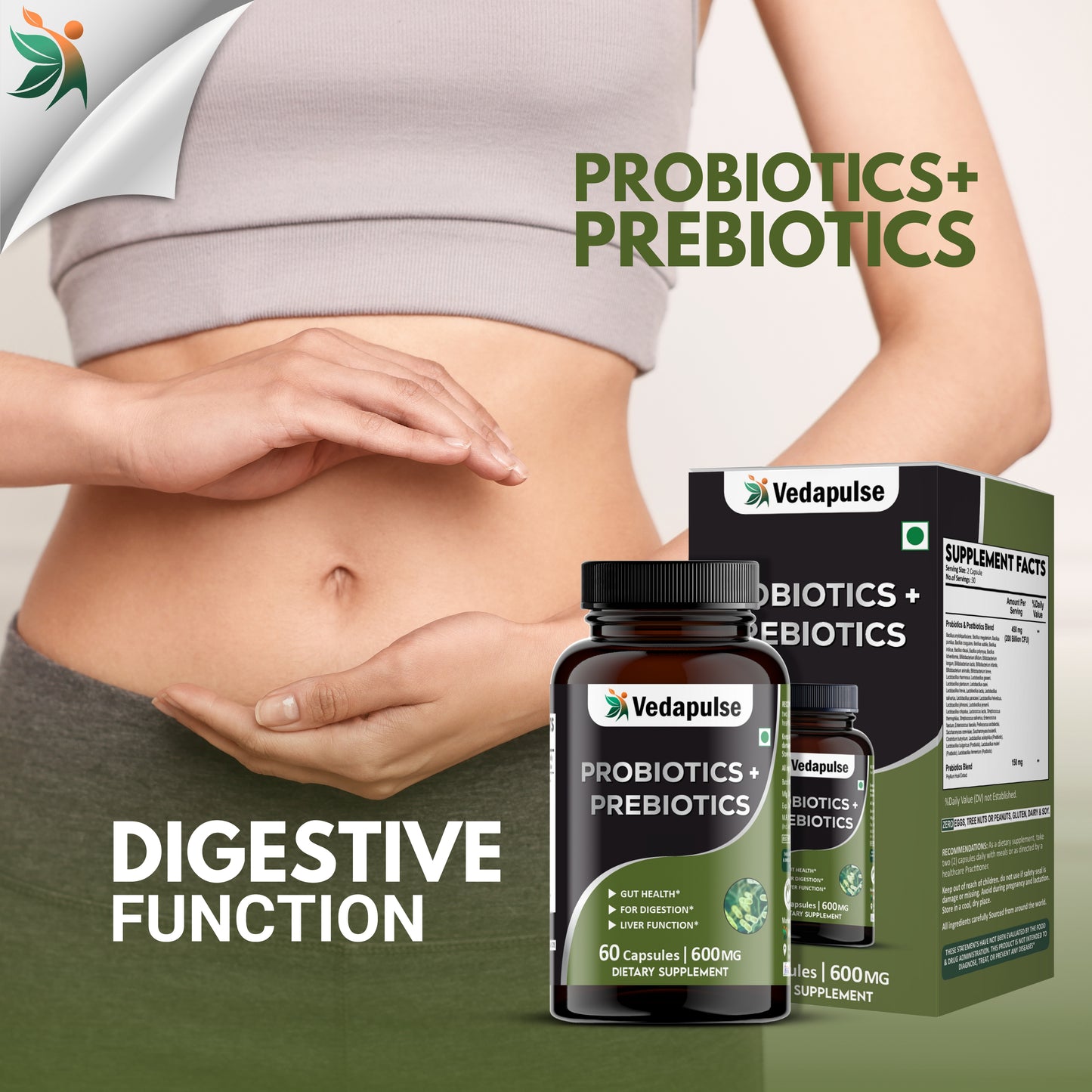 Probiotics + Prebiotics Capsules – Gut, Digestion & Liver Support | Vedapulse