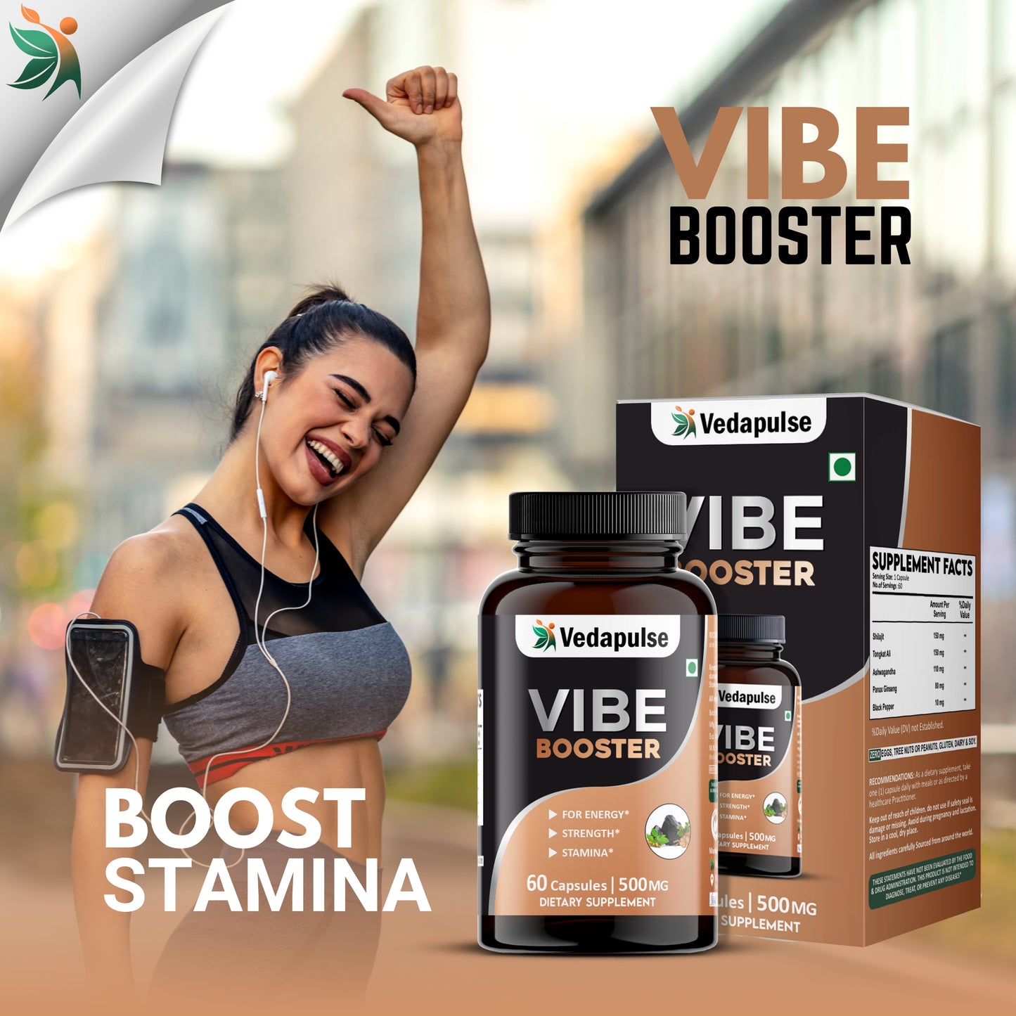 Herb Vibe Booster 60 Capsules | Herbal Energy, Strength & Stamina Support | Shilajit , Tongkat Ali, Ashwagandha| Vedapulse