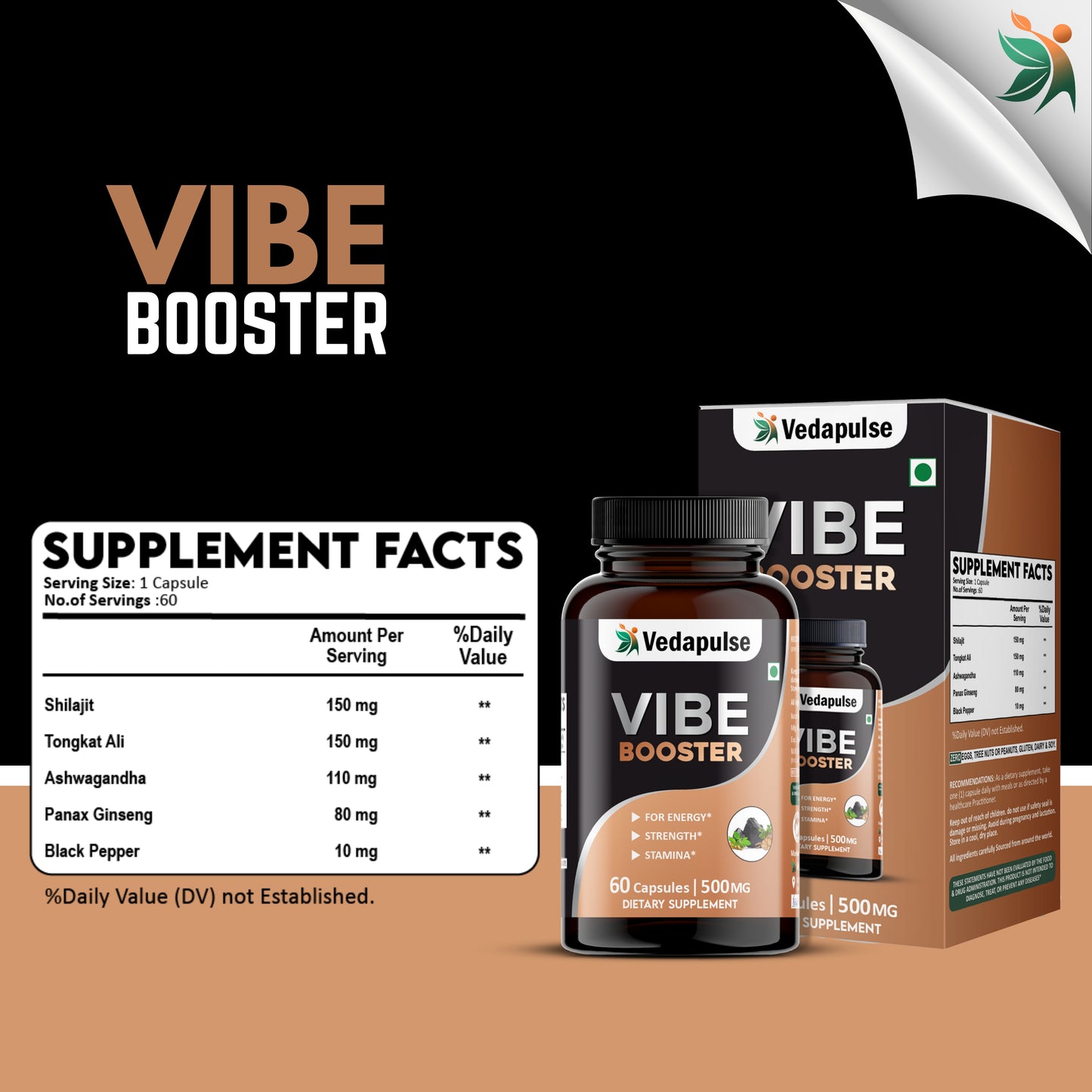 Herb Vibe Booster 60 Capsules | Herbal Energy, Strength & Stamina Support | Shilajit , Tongkat Ali, Ashwagandha| Vedapulse