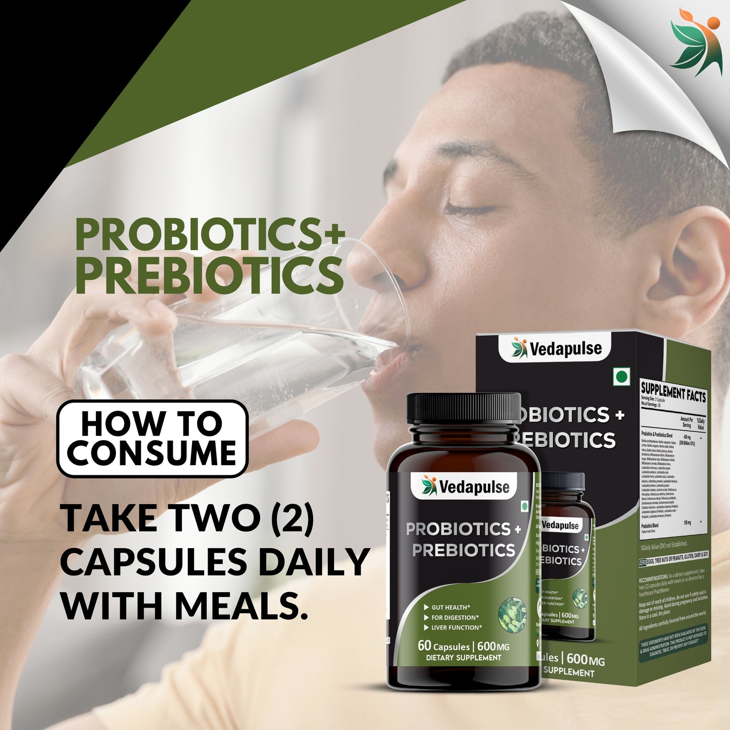 Probiotics + Prebiotics Capsules – Gut, Digestion & Liver Support | Vedapulse