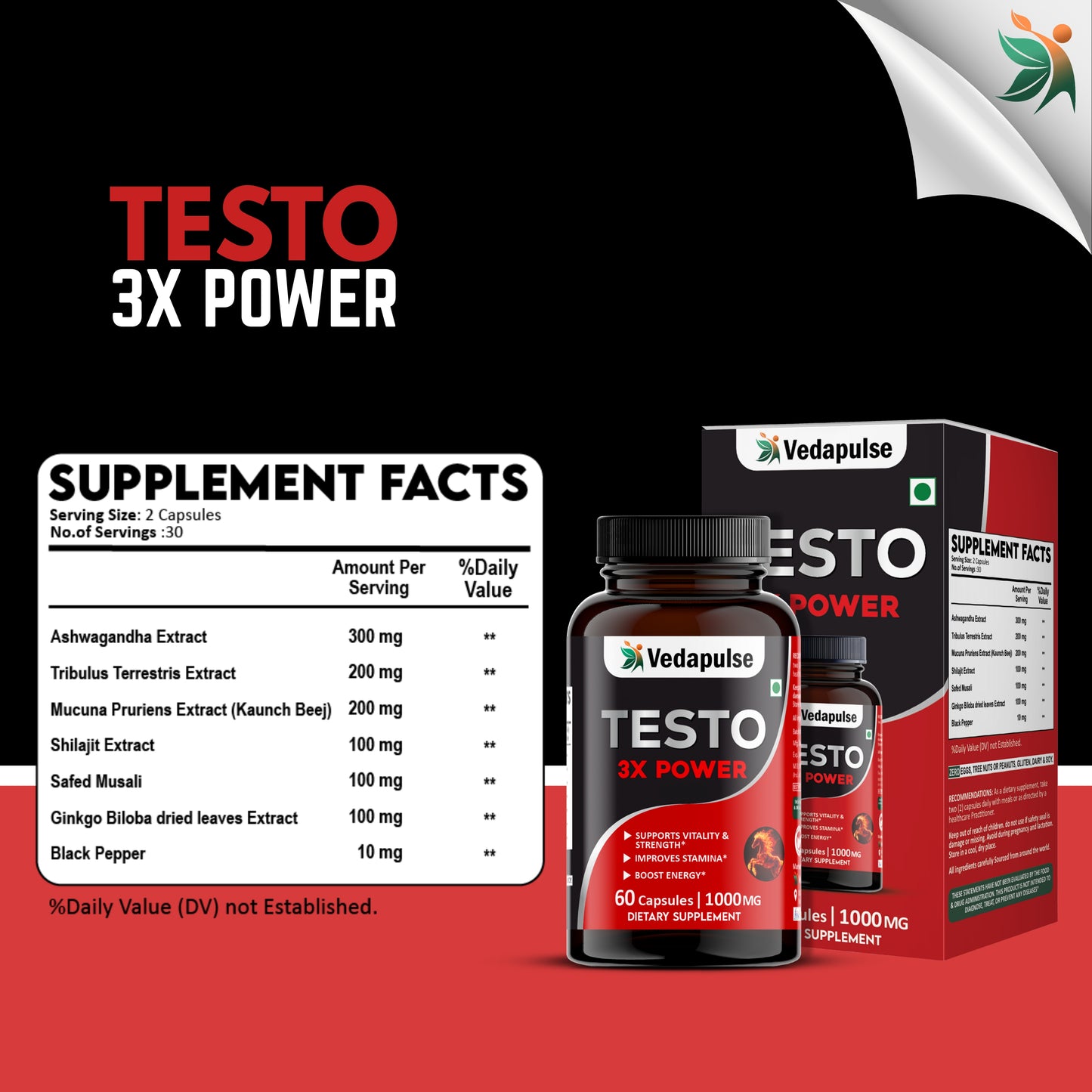 Testo 3X Power Capsules – Vitality, Strength & Stamina Support by Vedapulse