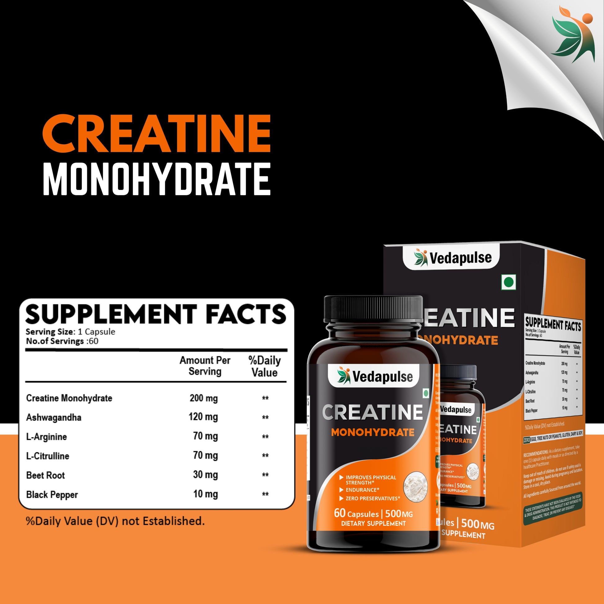 Vedapulse Creatine Monohydrate Capsules – Strength, Endurance ,Performance Support 60 Caps Pack - Vedapulse