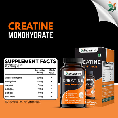 Vedapulse Creatine Monohydrate Capsules – Strength, Endurance ,Performance Support 60 Caps Pack - Vedapulse