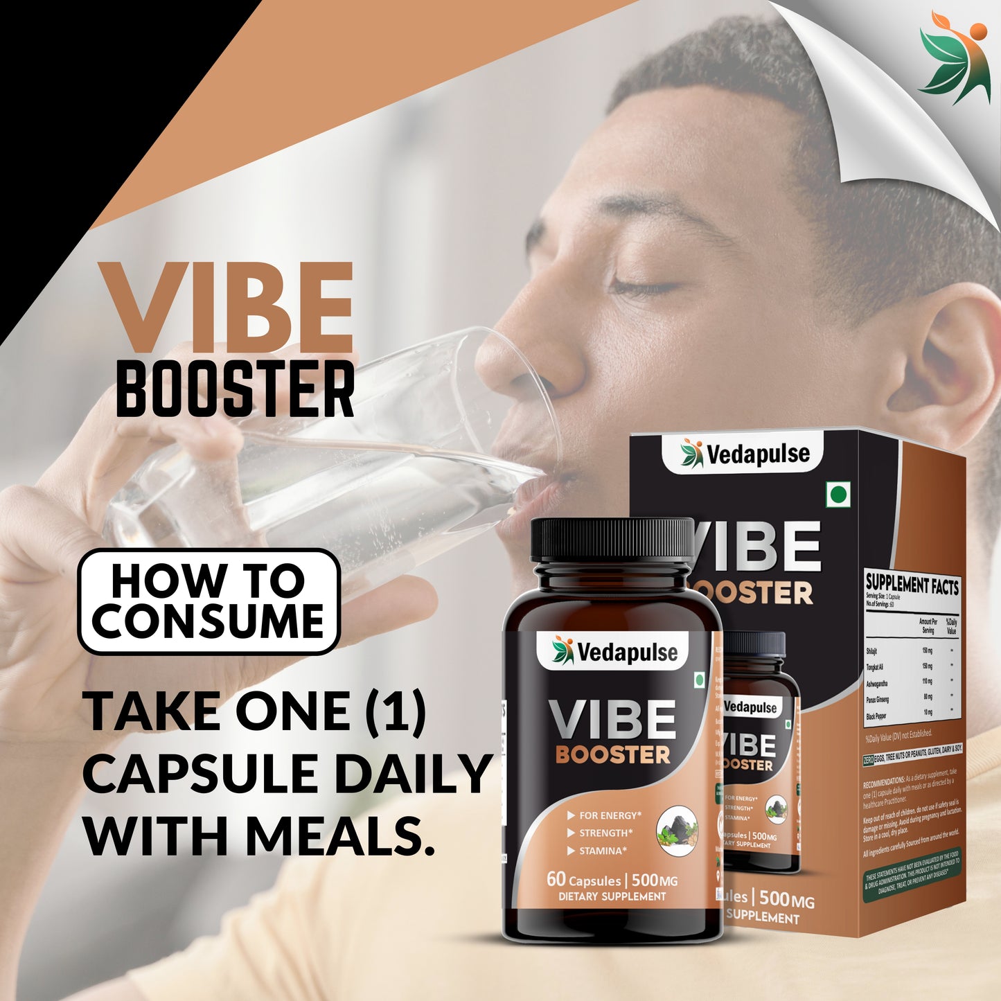 Herb Vibe Booster 60 Capsules | Herbal Energy, Strength & Stamina Support | Shilajit , Tongkat Ali, Ashwagandha| Vedapulse