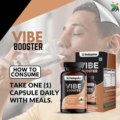 Herb Vibe Booster 60 Capsules | Herbal Energy, Strength & Stamina Support | Shilajit , Tongkat Ali, Ashwagandha| Vedapulse