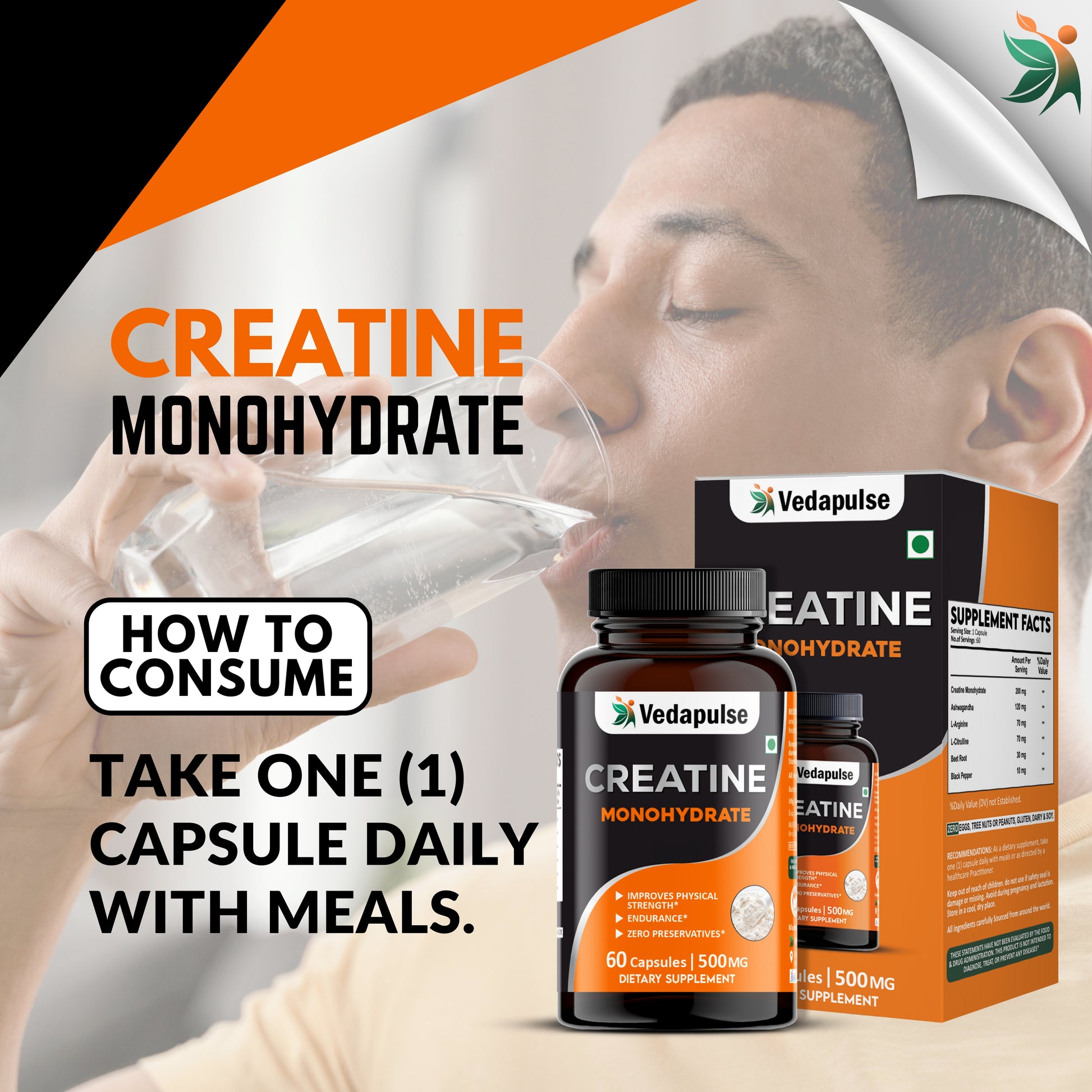 Vedapulse Creatine Monohydrate Capsules – Strength, Endurance ,Performance Support 60 Caps Pack - Vedapulse