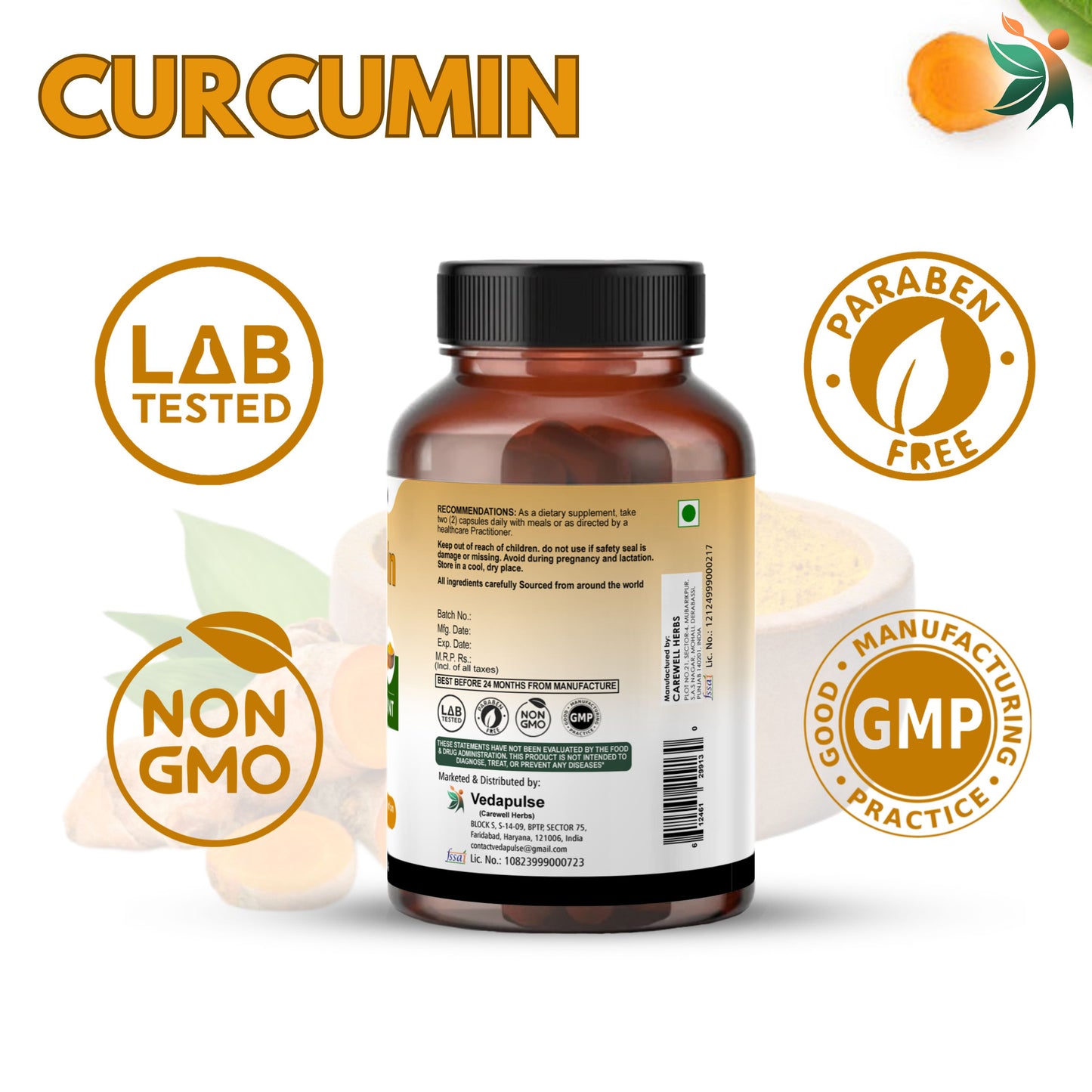 Curcumin 1300 mg Herbal Capsules by Vedapulse