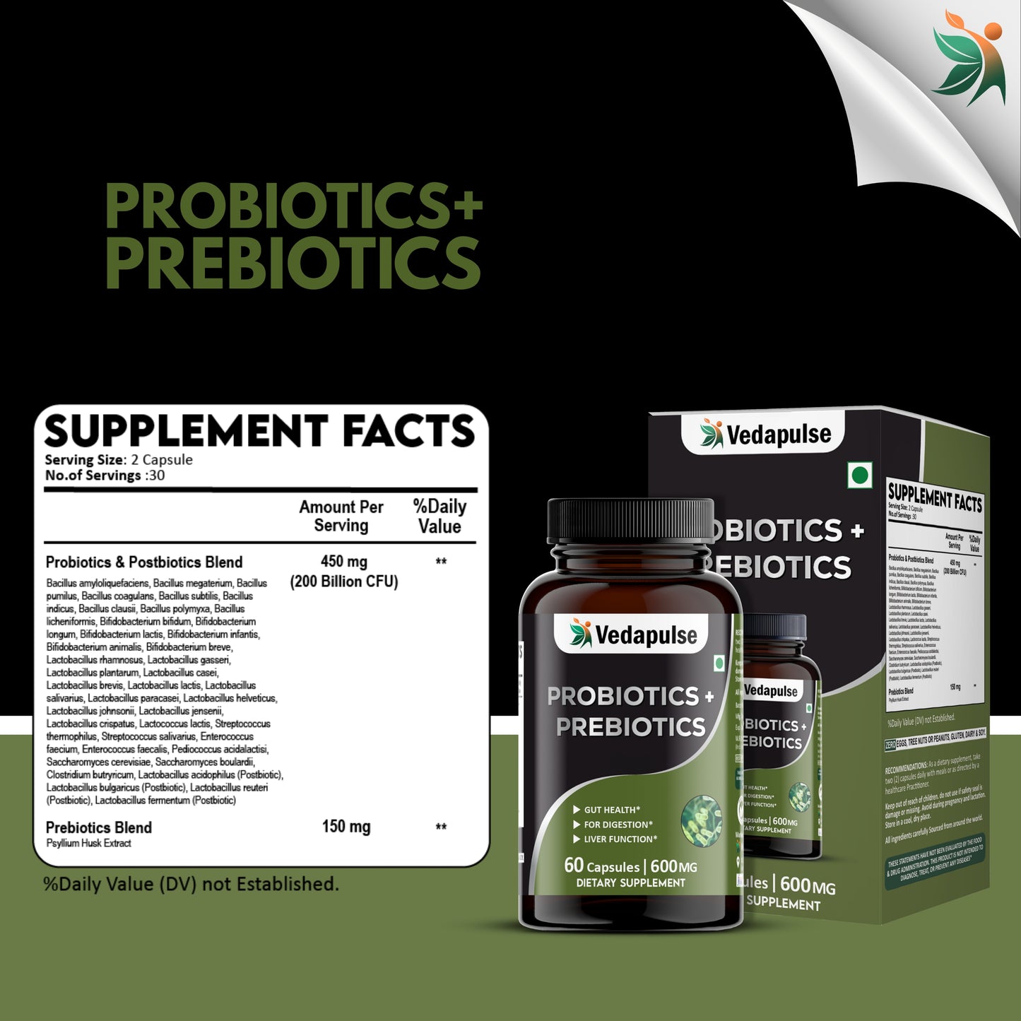 Probiotics + Prebiotics Capsules – Gut, Digestion & Liver Support | Vedapulse