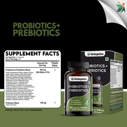 Probiotics + Prebiotics Capsules – Gut, Digestion & Liver Support | Vedapulse