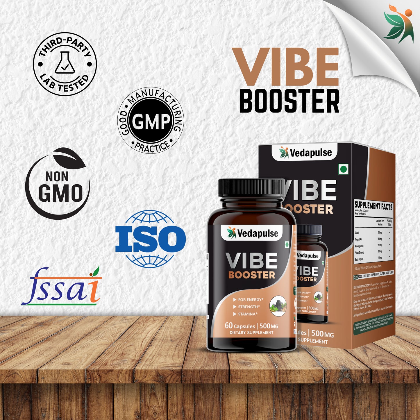 Herb Vibe Booster 60 Capsules | Herbal Energy, Strength & Stamina Support | Shilajit , Tongkat Ali, Ashwagandha| Vedapulse