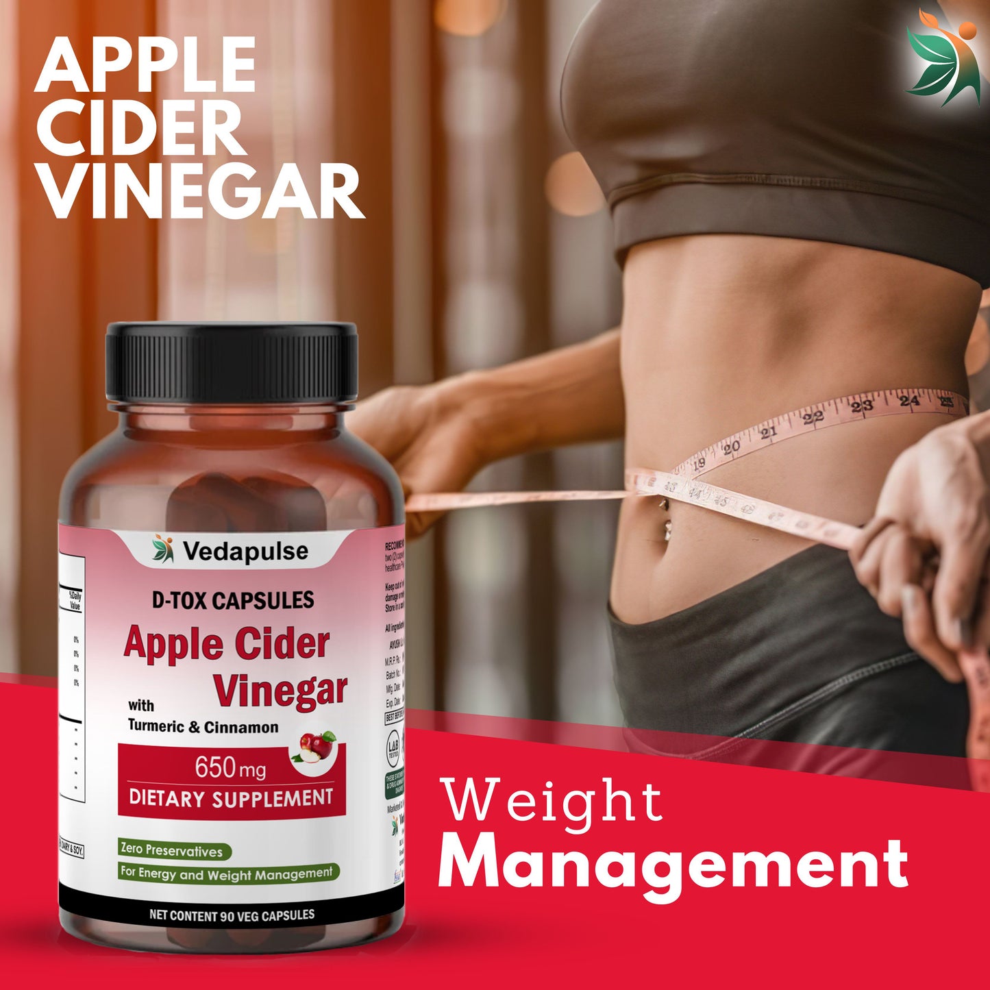 Apple Cider Vinegar 650mg Capsules - Pure & Natural | Vedapulse